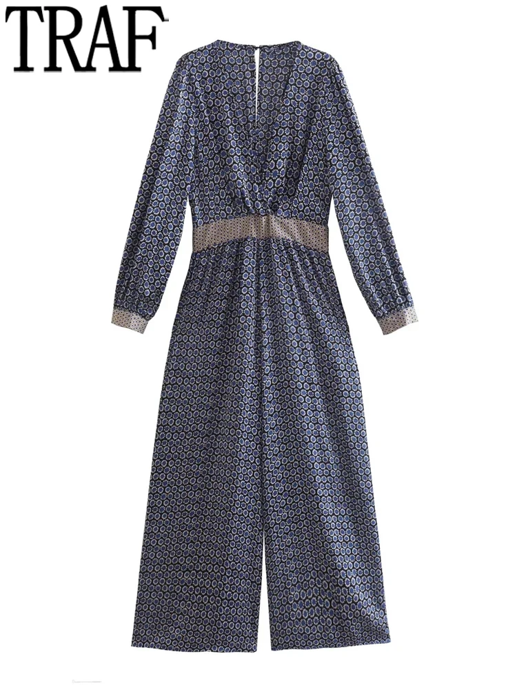 

TRAF Printed Women Elegant Long Jumpsuits Long Sleeve Wide Leg Jumpsuit 2022 Baggy Jumpsuit Woman Summer Casual Overalls Rompers