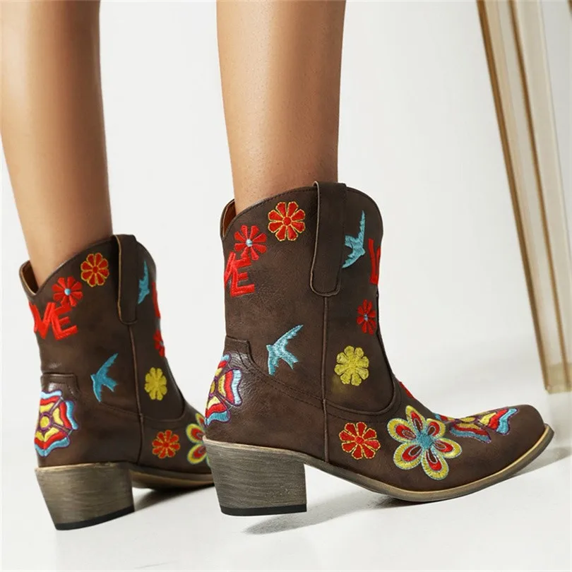 

West cowboy Boots Winter 2022 Women Ankle Boots Embroider Red Sexy Flower Women's Shoes thick high Heels Woman Botas big size 46