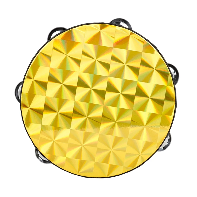 

8 Inch Wooden Radiant Tambourine Handbell Drum With Double Row Jingles Reflective Drum Head Orff Percussion Instrument