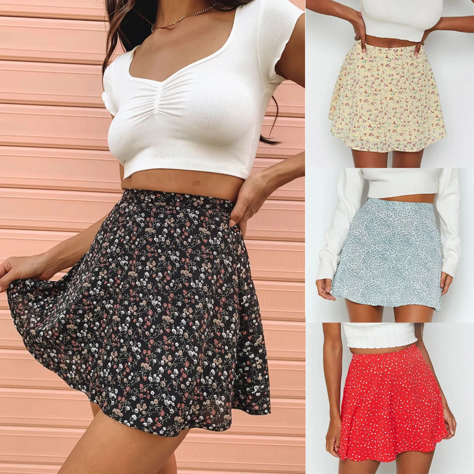 

Женская юбка на молнии с высокой талией, короткая модная Цветочная трапециевидная мини-юбка, шифоновая юбка, юбка для девочек, леггинсы