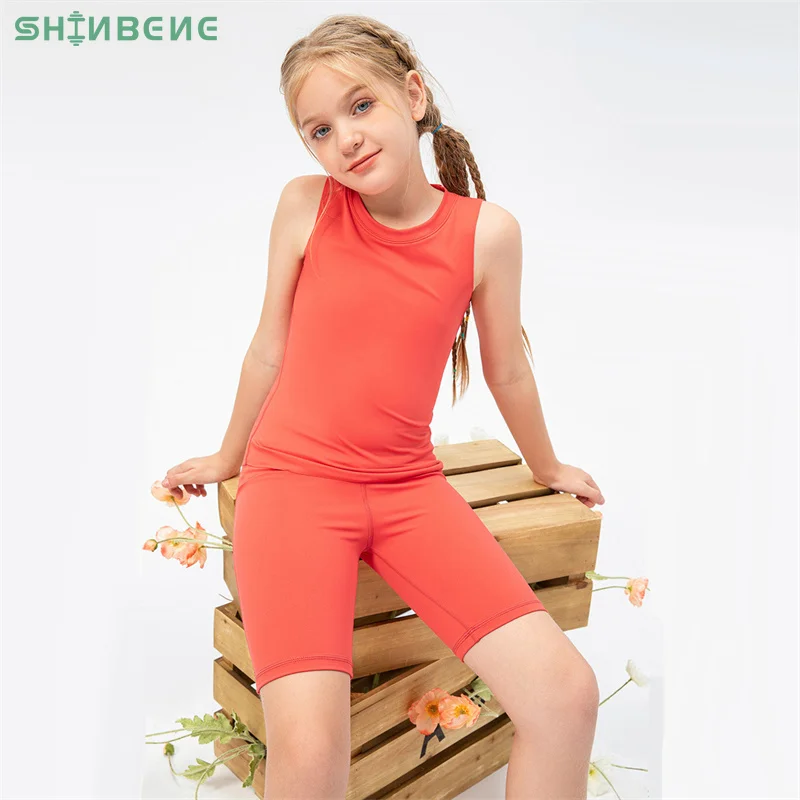 

SHINBENE Girls Kids Breathable Anti-sweat Sports Casual 2PCs Set Children Stretchy Vest + Shorts Running Sleeveless Sportswear