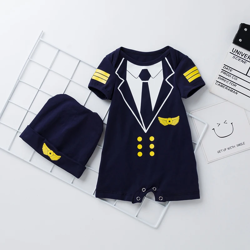 

2PCS Infant Boys Jumpsuit Hat Outfits Newborn Pilot Bodysuits Costumes Gifts Spring Summer Birthday Cotton Romper Set 0-24M