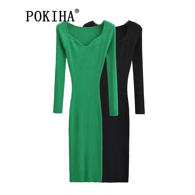 

Pokiha 2023 Fashion Women Solid Fitted Knitting Slim Long Sleeve Sexy Casual Midi Dress Vneck Female Chic Dresses Vestidos Mujer
