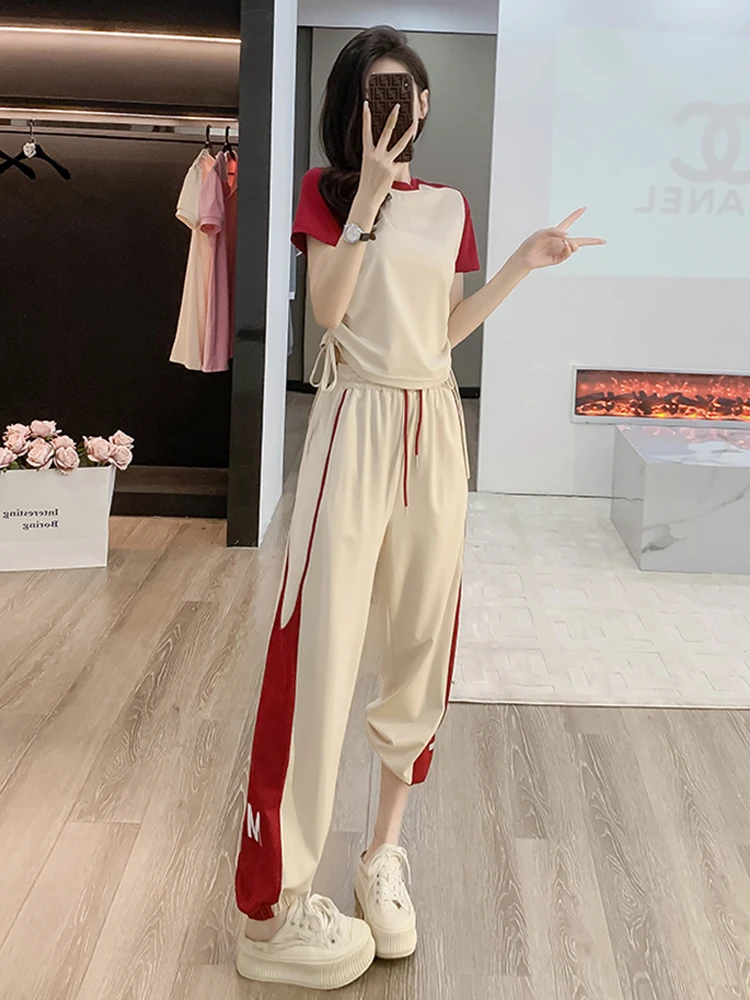 

M GIRLS Streetwear Casual Pants Two Piece Set Women Outfit Conjuntos De PantalóN 2023 Summer Korean Run Tracksuit T-Shirts Trous