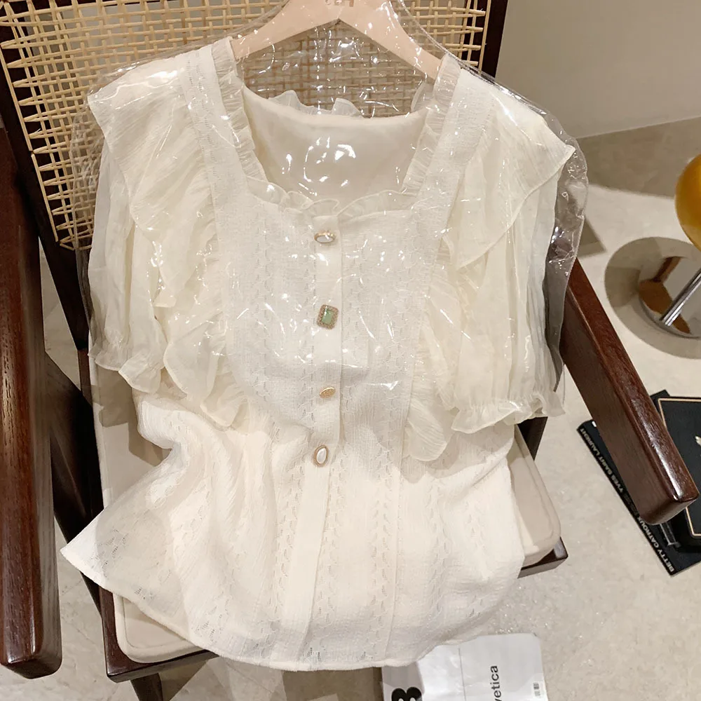 

2022 Summer Casual Tops Womens Fashion Blouses Lace Shirt French Palace Style Temperament Ruffle Shirt Chic Button Ladies Blusas