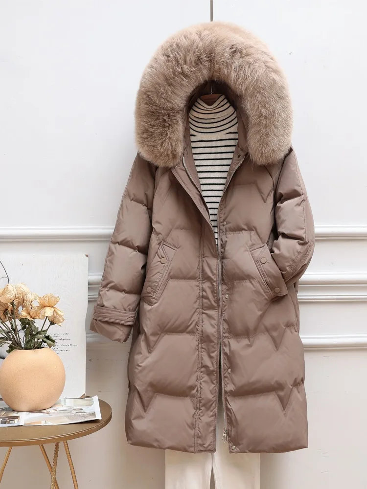New Women Fox Fur Collar Long Down Jacket Casual Style Autumn Winter Coats And Parkas Female Outwear