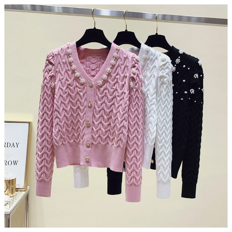 

Женский трикотажный кардиган, свитер с V-образным вырезом, рукавами с рюшами и бисером, жакет для улицы, осень 2022