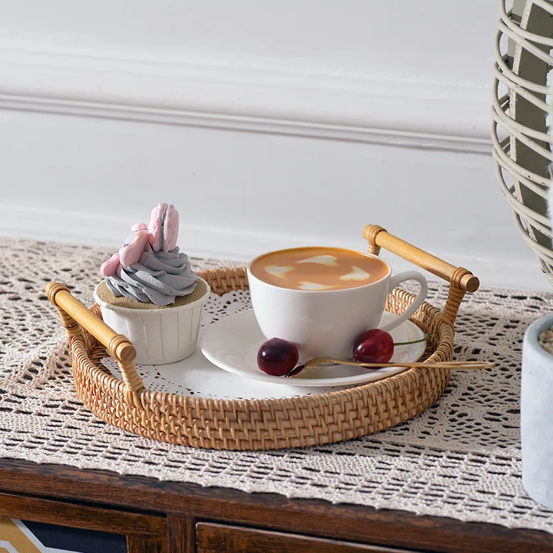 

Round Rattan Fruit Basket Wicker Food Tray Weaving Storage Holder Bowl Small Bread Baskets Cake Candy Cookie Milk Coffee Decor