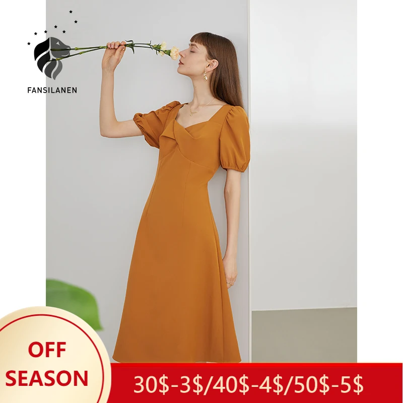 

FSLE Office Lady French Fried Street Dress 2021 New Summer Retro Square Collar Puff Sleeve Black Orange Dress For Women