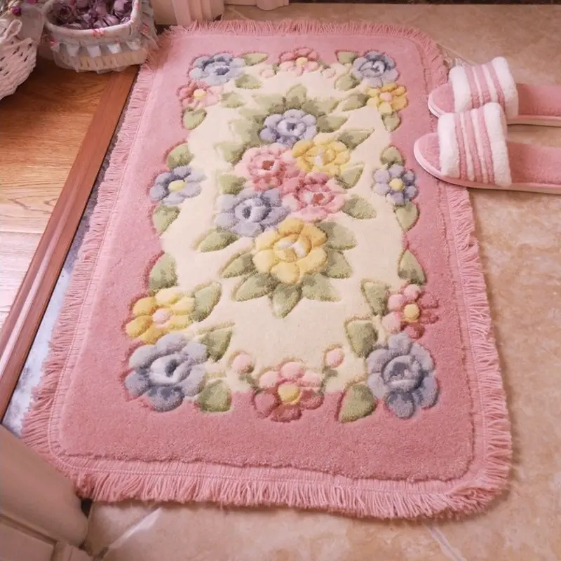 

Pink Tassel Doormat Plush Soft Anti-slip Floor Mat Pastoral Flowers Bedroom Carpet Living Room Absorbent Trendy Area Rug