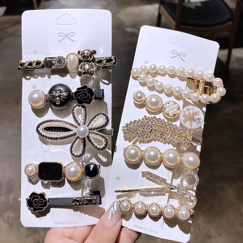 

Women Girls Hair Clips Ins Vintage Bear Pearl Rhinestone Hair Barrettes Set Black Floral Hairpins Headwear Hair Pins Accessories