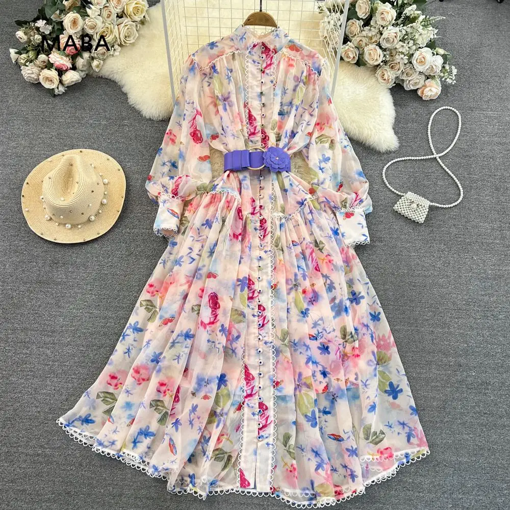 

Autumn Holiday Gorgeous Flower Pink Maxi Dress Women Long Lantern Sleeve Butterfly Floral Print Belt Pleated Chiffon Vestidos