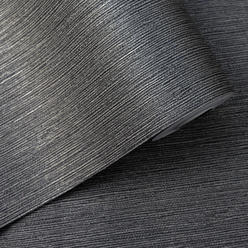 

Black Plain Solid Grasscloth Textured Wallpaper Metallic Stripes Paper Back Vinyl Wall Paper Room Decor
