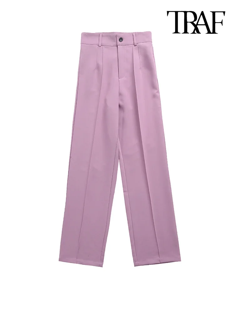TRAF Women Chic Fashion Office Wear Straight Pants Vintage High Waist Zipper Fly Female Trousers Mujer