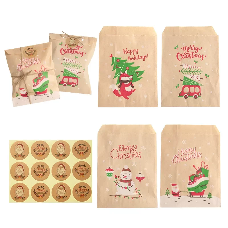 

New Christmas Kraft Paper Bags Santa Claus Snowman Holiday Xmas Party Favor Bag Candy Cookie Pouch Gift Wrapping Supplies