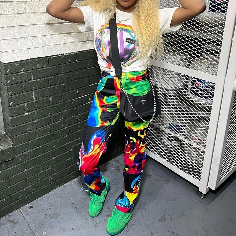 

Y2K Colorful Print Pants Women Fall Hipster Street Slim Fit Trousers Girls Party Club Attirewear Female Cargo Pants