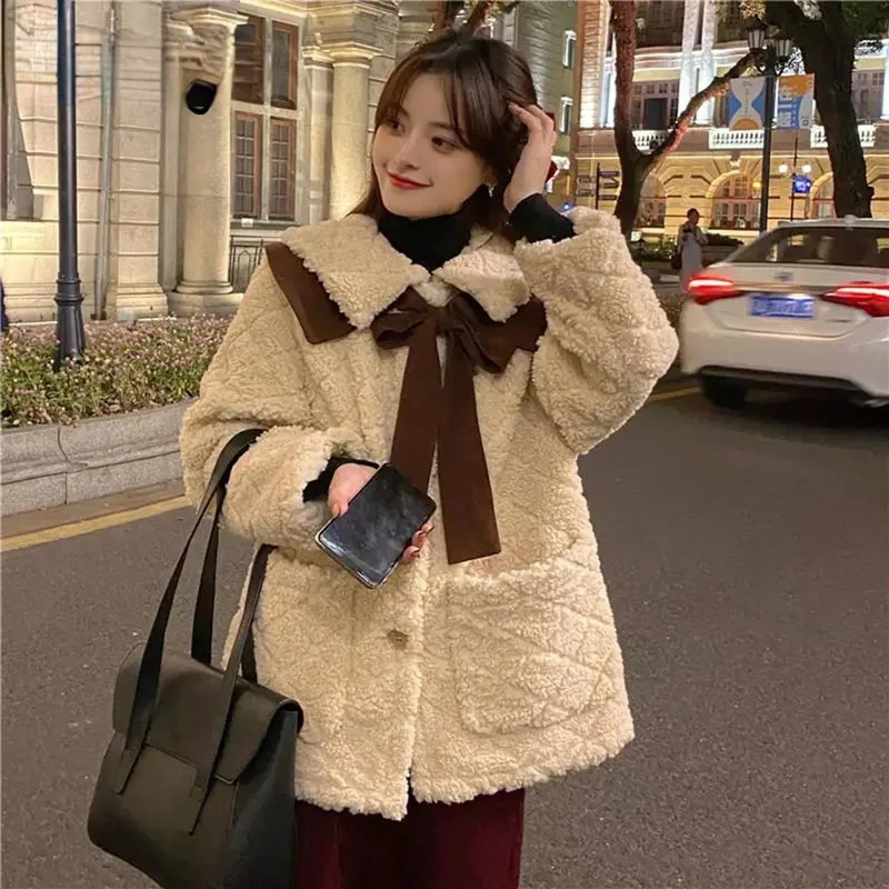 Women's Bow Shawl Street Fashion Long-sleeved Women's Clothing 2022 Autumn and Winter Diamond Lattice Thick Lamb Fur Fur Coat