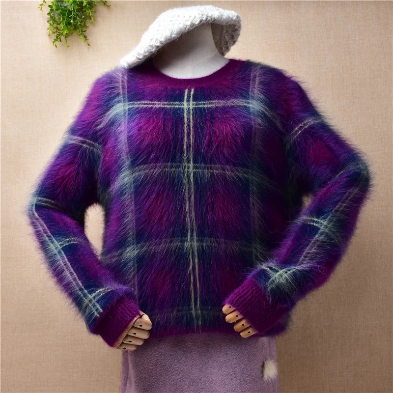 

ladies women fashion autumn winter clothing hairy mink cashmere knitted plaid o-neck loose pullover angora fur sweater pull tops