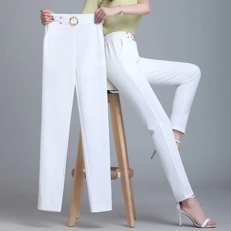 

Korean Female Fashion Pencil Trousers 2022 Office Lady Elegant Solid Straight Pants Spring Autumn Women Pockets High Waist 4XL