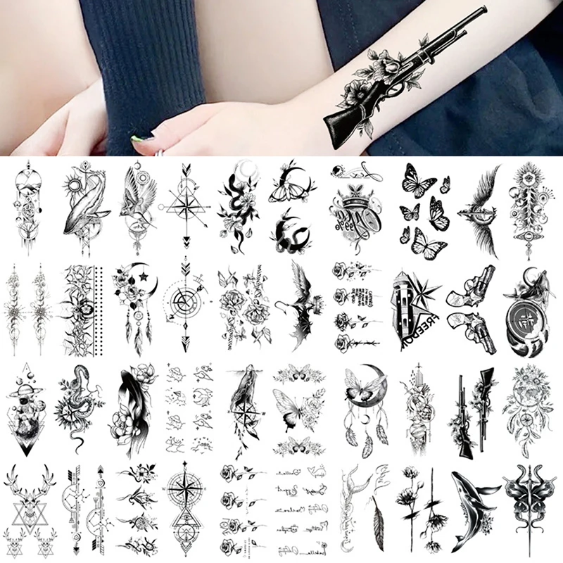 

Black Geometric Whale Temporary Tattoos For Women Adult Kids Mountain Sea Forest Dandelion Fake Tattoo Neck Arm Hand Small Tatoo