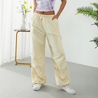 women casual loose fit cargo pants solid color drawstring trousers with multiple pockets fashion hip pop long pants streetwear