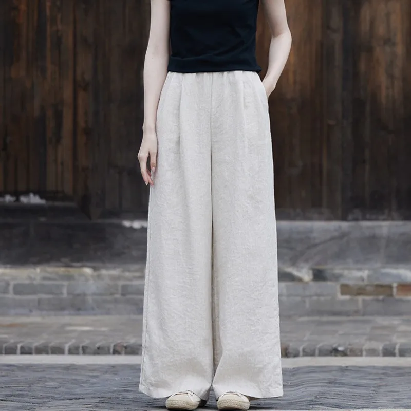 Женские хлопковые и льняные широкие брюки Новое поступление 2024 винтажный стиль