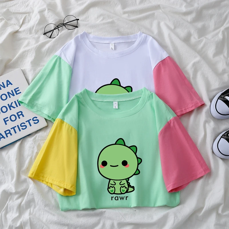 

Футболка женская с аниме динозавром, Милый хлопковый топ оверсайз с коротким рукавом в стиле Харадзюку, мультяшный рисунок, для пар, на лето