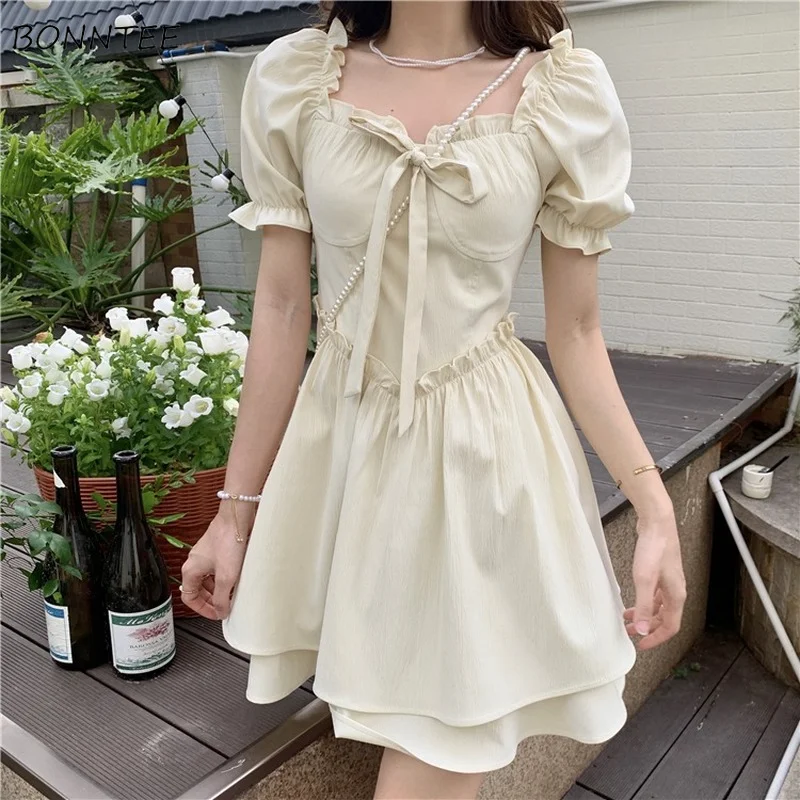 

Short Puff Sleeve Dresses Women Bow Kawaii Elegant French Style Princess Young Retro Sweet Chic Ins Summer New Vestidos Mujer