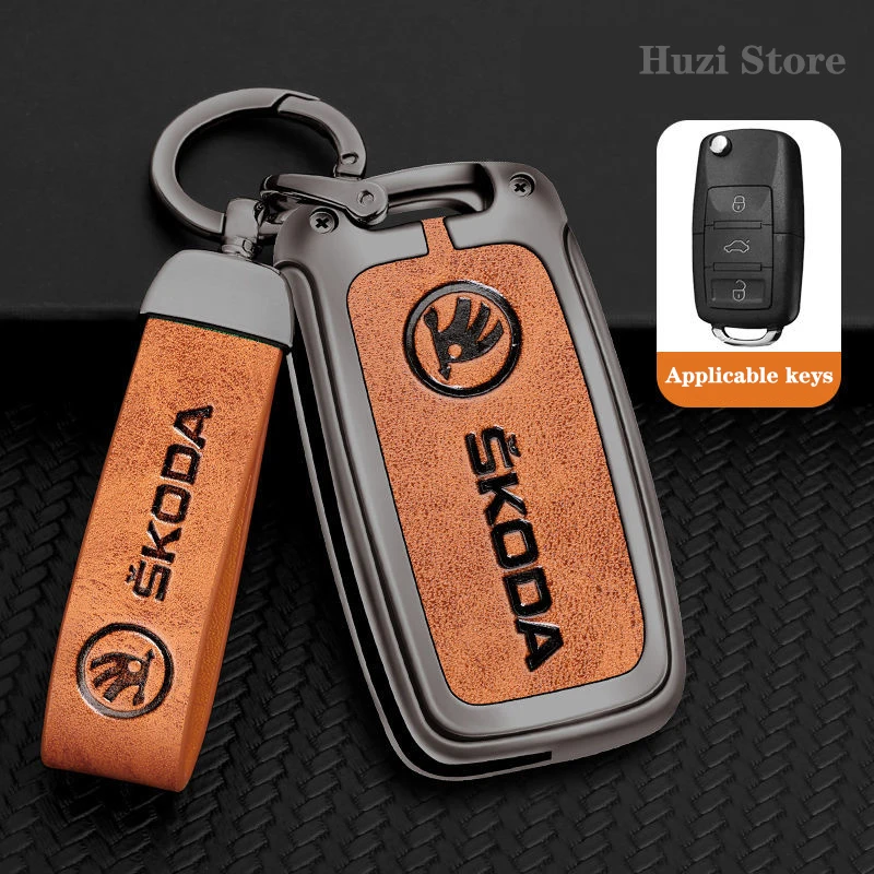 

3/4 Button Zinc Alloy Leather Car Key Protection Cover For Skoda Superb A7 Octavia A8 Kodiaq Karoq Rapid Fabia Slavia Kushaq