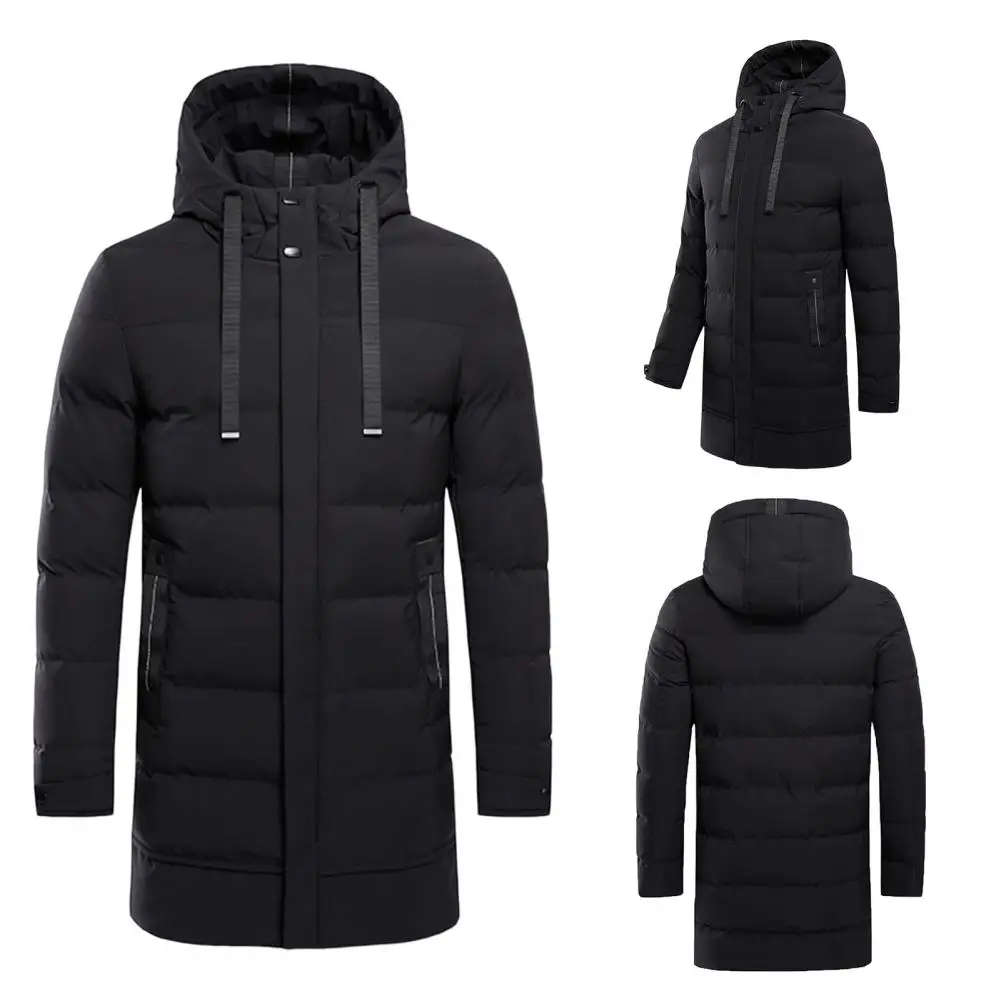 Autumn Winter Men Jacket Cotton Padded Hooded Long Sleeve Drawstring Mid-length Windbreaker for Daily Wear