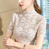 lace blouse 2022 summer short sleeve womens blouse and tops slim waist lace patchwork shirt 4xl women tops shirts casual clothes