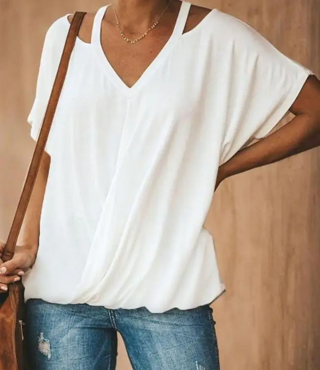 

Cutout Ruched Wrap White T-shirt for Woman 2023 Summer New Popular Solid Color V-Neck Short Sleeve Casual Daily Versatile Top