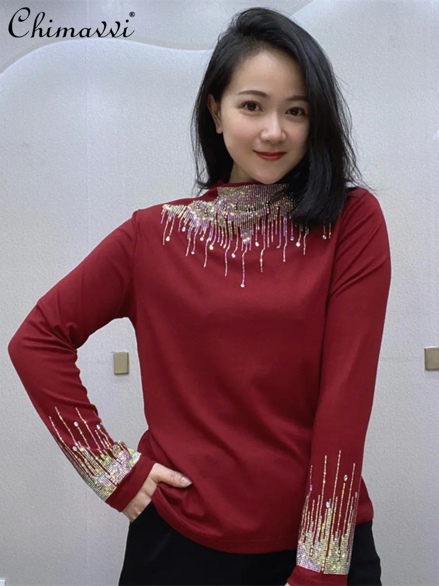 

Half Turtleneck Cotton Oversize Heavy Hot Drilling Long Sleeve Outwear Long Sleeved T-shirt Elegant Slimming Regular Tshirt