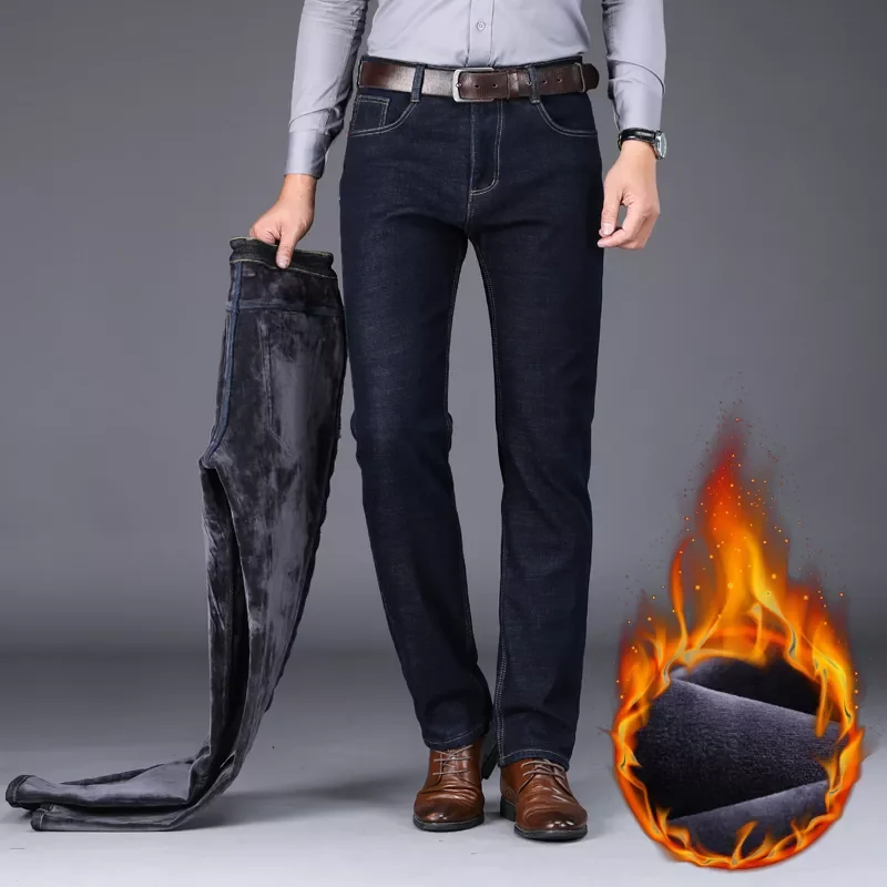

New2022 winter new men's black/blue warm thick slim-fit jeans business fashion casual denim trousers fleece stretch brand tr