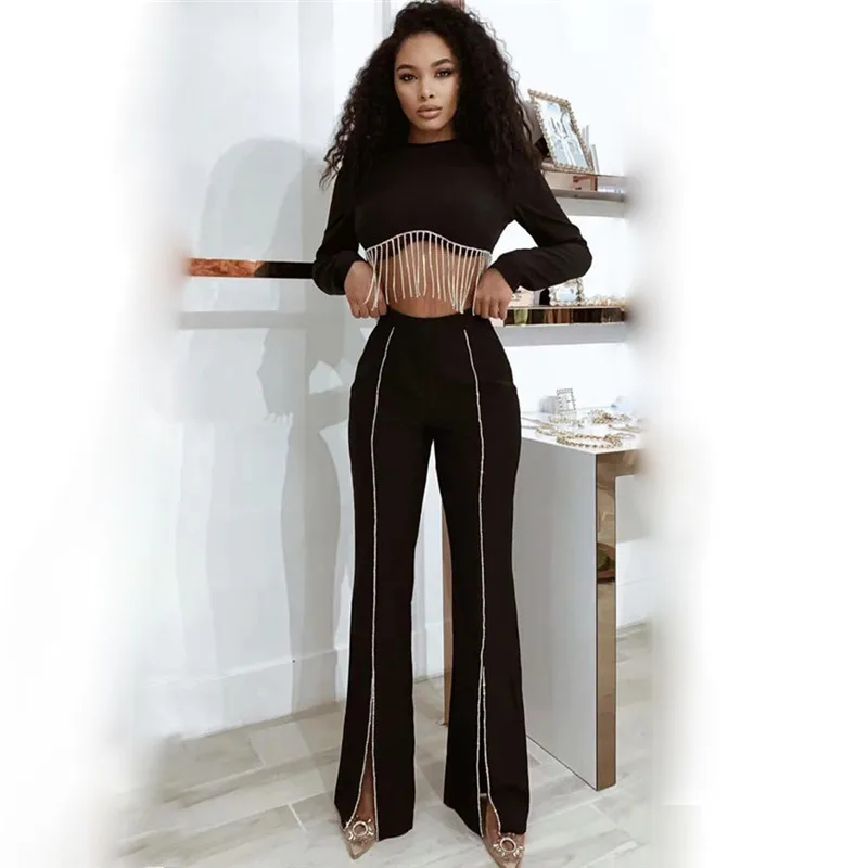 

Black Diamonds Two Piece Sets Long Sleeve O Neck Taseel Crop Top Women Fashion Streetwear High Waist Wide Leg Pants 2022