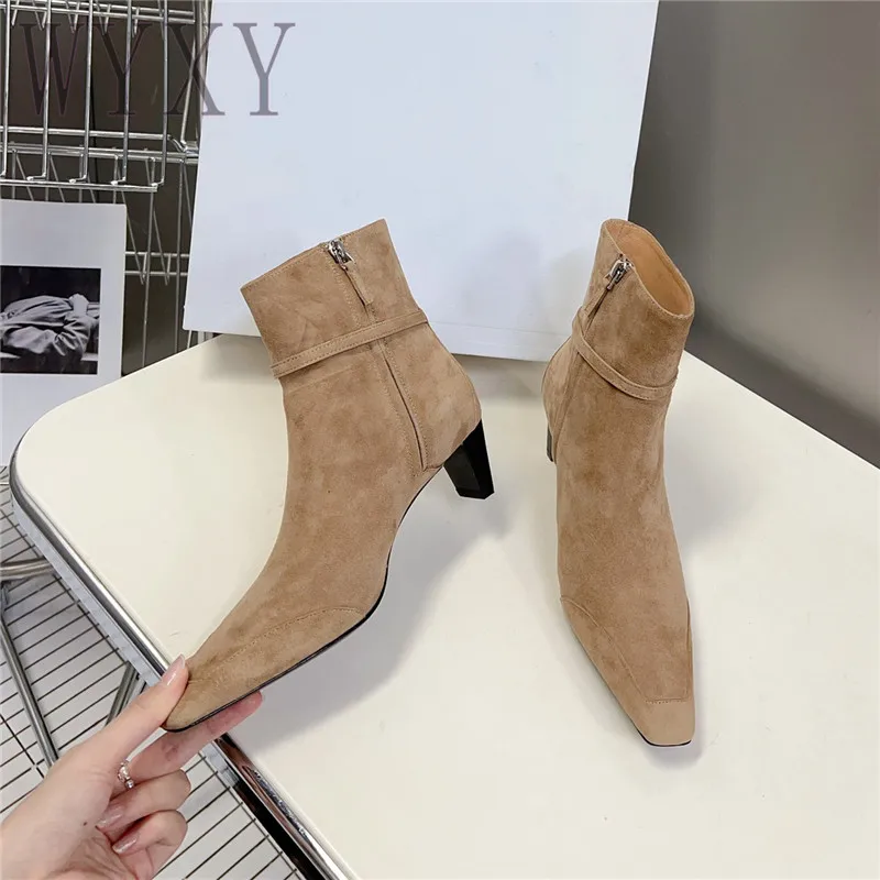 

Autumn New Small Square Toe Genuine Leather Short Boots Women Med Heels Cow Suede Belt Buckle Decor Fashion Simple Ankle Boots