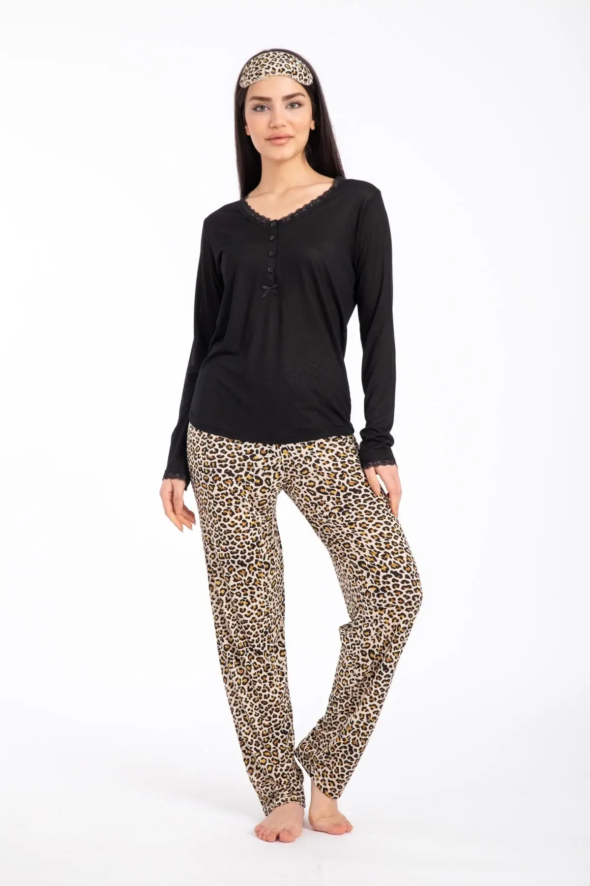 

Women's Pajamas Leopard Patterned Black Sleep Lounge Pajamas Nightwear Sleepwear Night Suit Casual Home Clothing