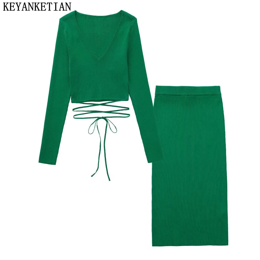 

KEYANKETIAN ZA Women's 2022 Spring New Fashion Waist Knit Sweater Retro V-Neck Long Sleeve Women's Pullover Chic Top