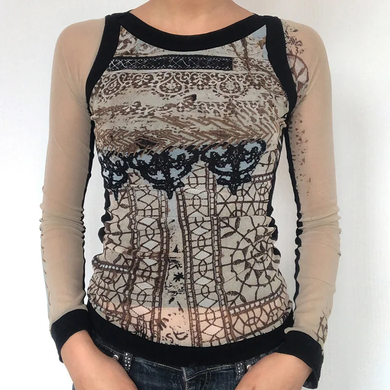 

Fashion Classic Y2K Women's T-Shirt Retro Printed Slim Long Sleeve Mesh Tops Female Women Clothing High Street Autumn Shirts