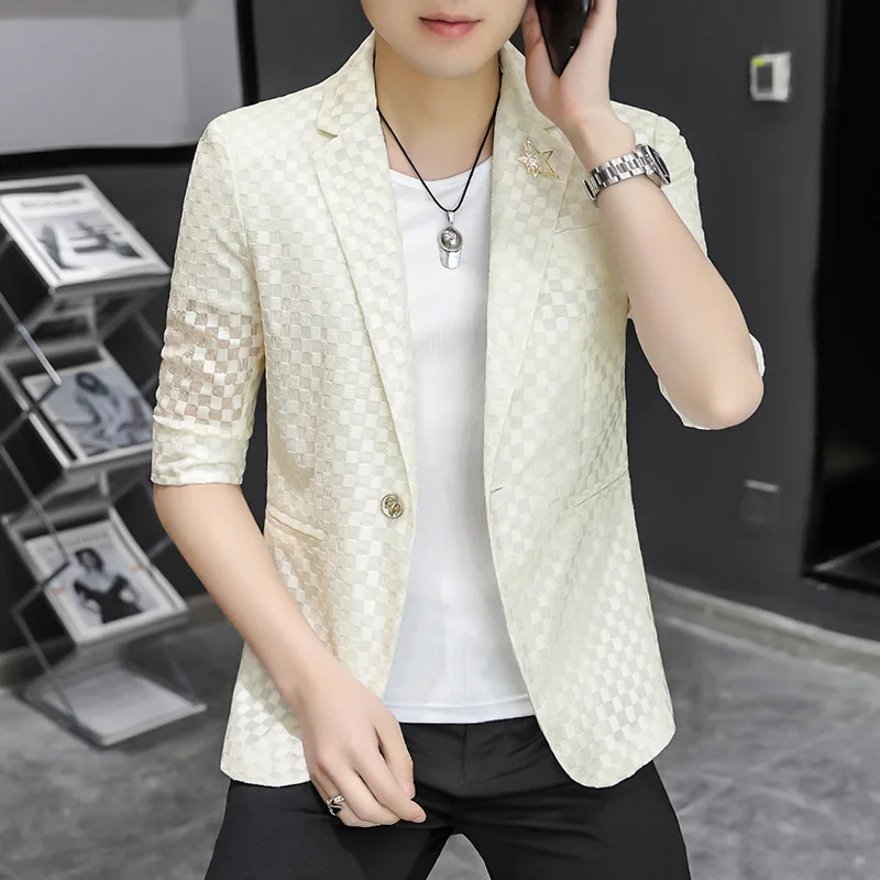 

Summer men's suits 2022 new hair stylist handsome print medium-sleeve small suit jacket three-quarter sleeves men jacket