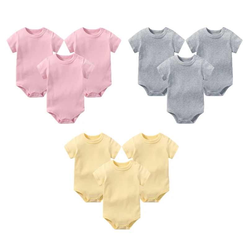 Newborn Baby Boys Girls Rompers 3-Pcs Set Infantil Jumpsuit Summer Shoulder Open Button Type Short Sleeve Pure Cotton 0-24M