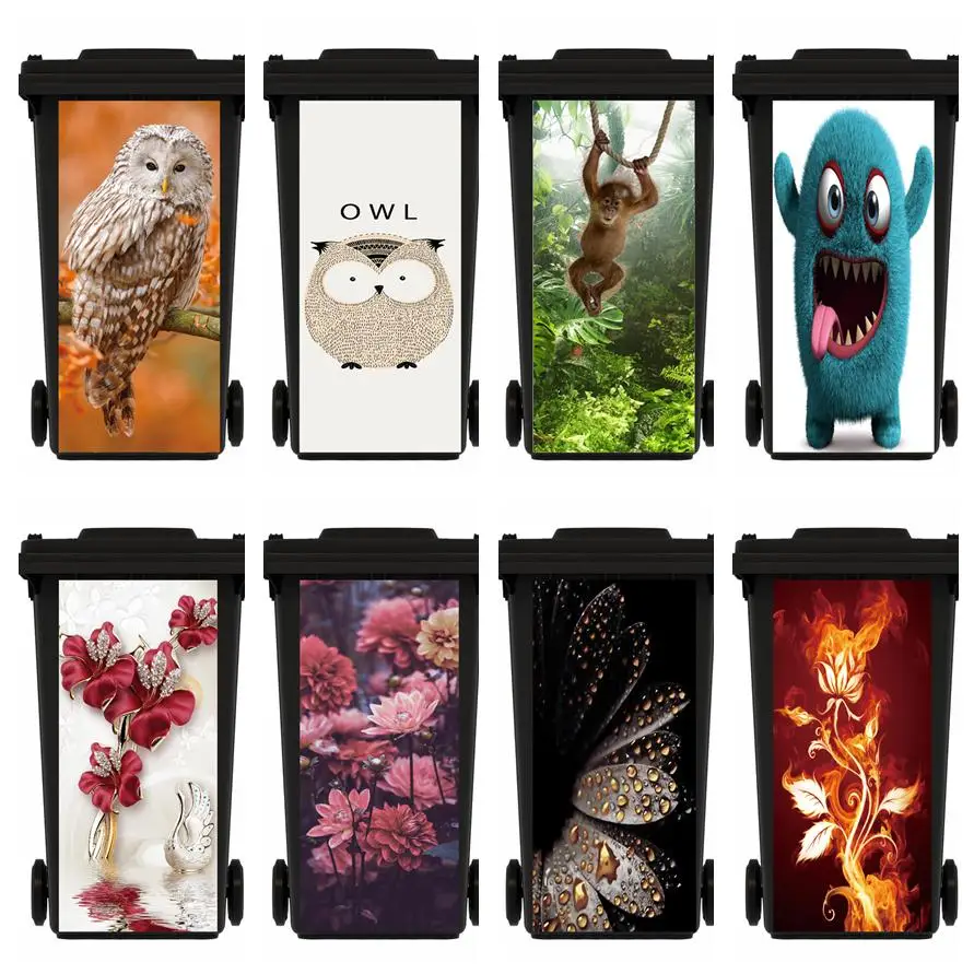 Owl Pattern Trash Can Sticker Self-Stick Waterproof Removable Wall Sticker Flower Wallpaper Mural For Kitchen Garbage Can Decor