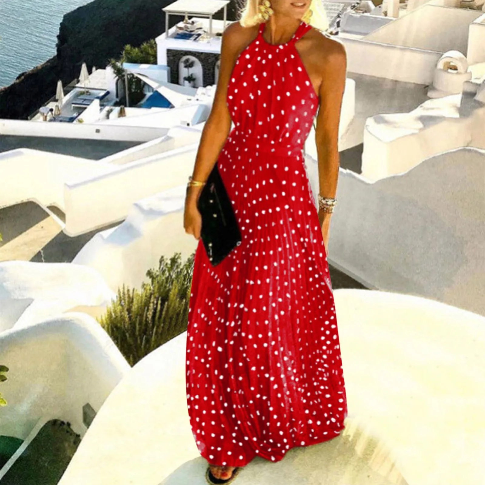 

Women Fashion Halter Polka Dot Print Sleeveless Pleated Maxi Dress Summer Backless Zipper Tunic Holiday Dress Bohemian Sundress