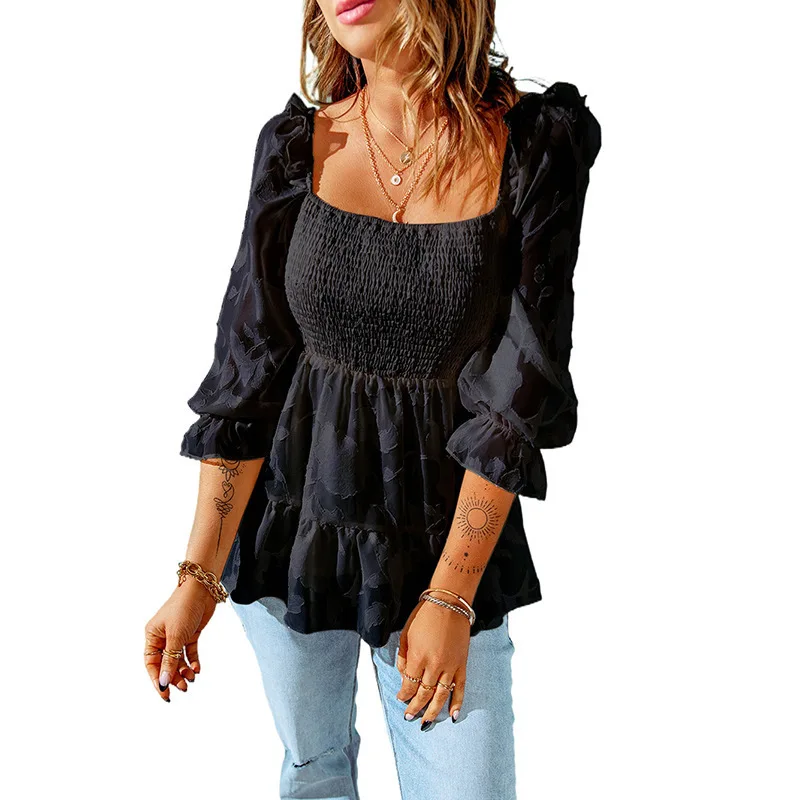

Summer Women's Tops New Solid Color Square Collar Seven-point Sleeve Chiffon Shirt Ruffle Edge of the Hundred with Tops Female