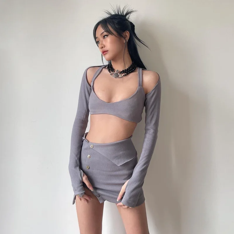 

2022 Summer Cyber Y2K Aesthetics Ribbed Grey Sets E-girl Streetwear Sexy Open Shoulder Crop Top Button Up Mini Skirt Co-ords