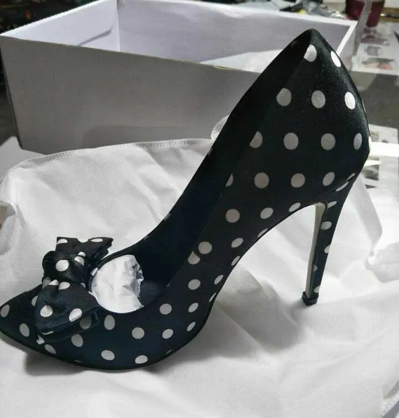Sexy Bowtie Polka Dot Silk Pumps Women Black White Round Dot Pointed Toe Thin Heels Dress Single Shoes Wedding High Heels
