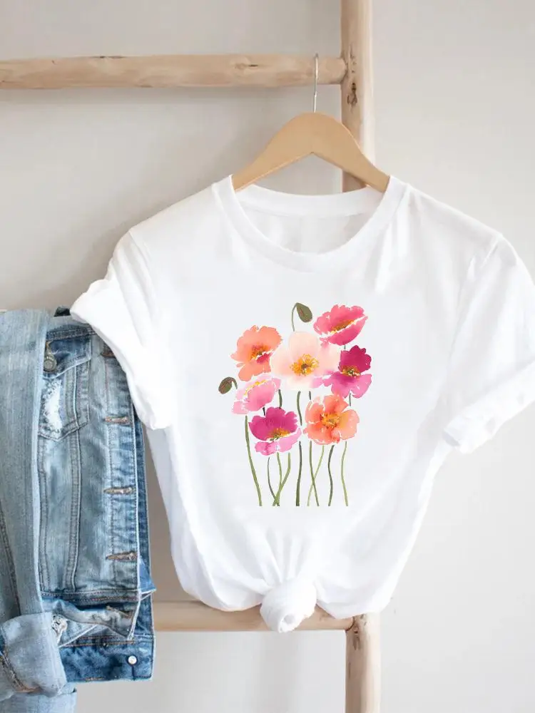 

Short Sleeve Fashion Flower New Cute Tee Clothing Print Clothes Women Tshirt Female Top Casual Summer Graphic T-shirt