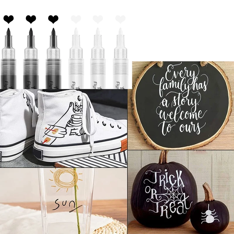 Акриловые ручки для росписи 6 штук черные белые маркеры для росписи на камне, керамике, стекле, дереве, пластике, металле.