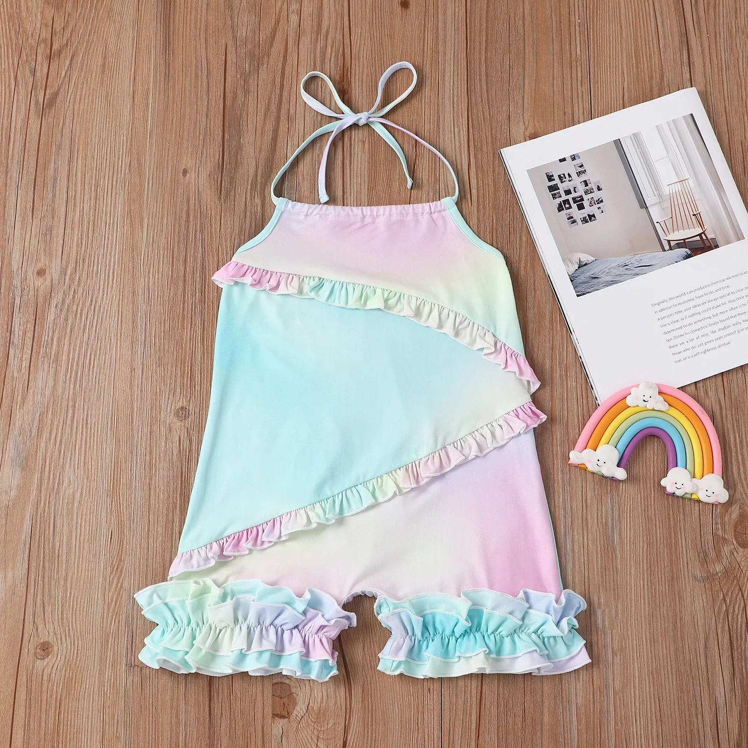 

Striped Rainbow Princess Romper Baby Kids Girls Clothes Summer Sleeveless Ruffle Pleated Halter Rompers Fashion Short Jumpsuit