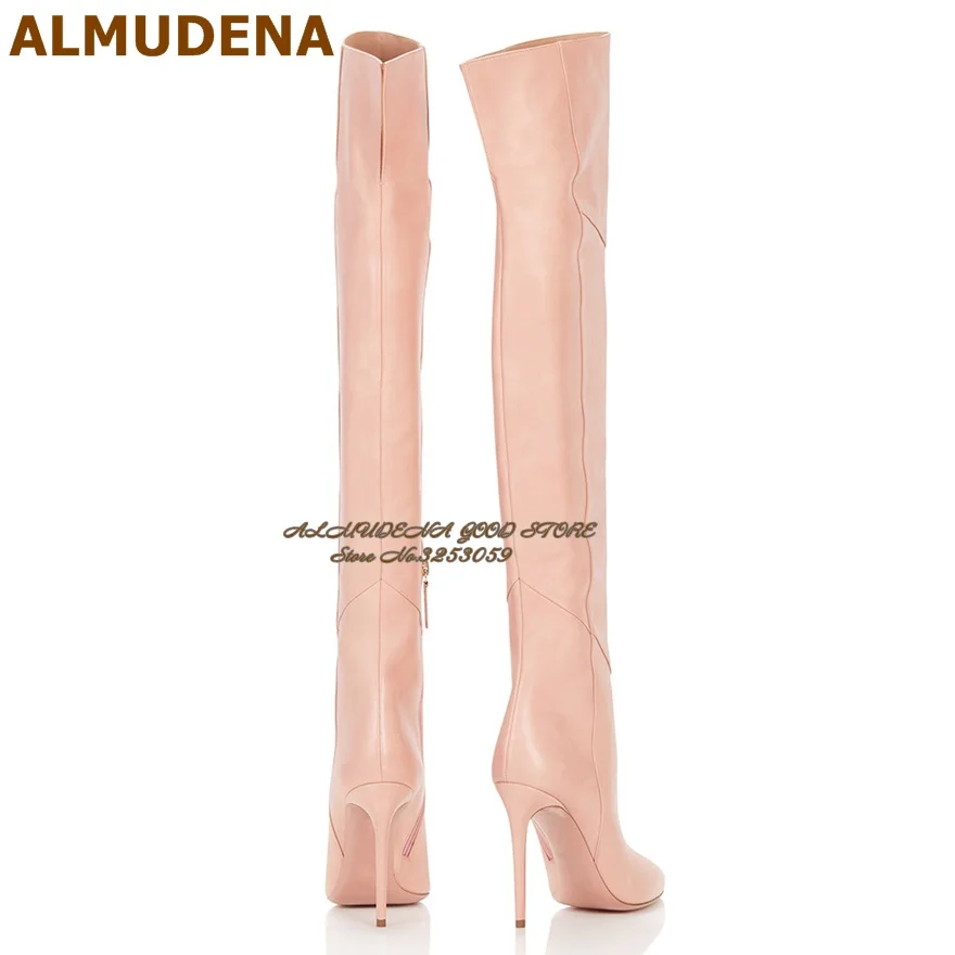 ALMUDENA Светло-розовые матовые кожаные сапоги выше колена. Сапоги до бедра с шитьем